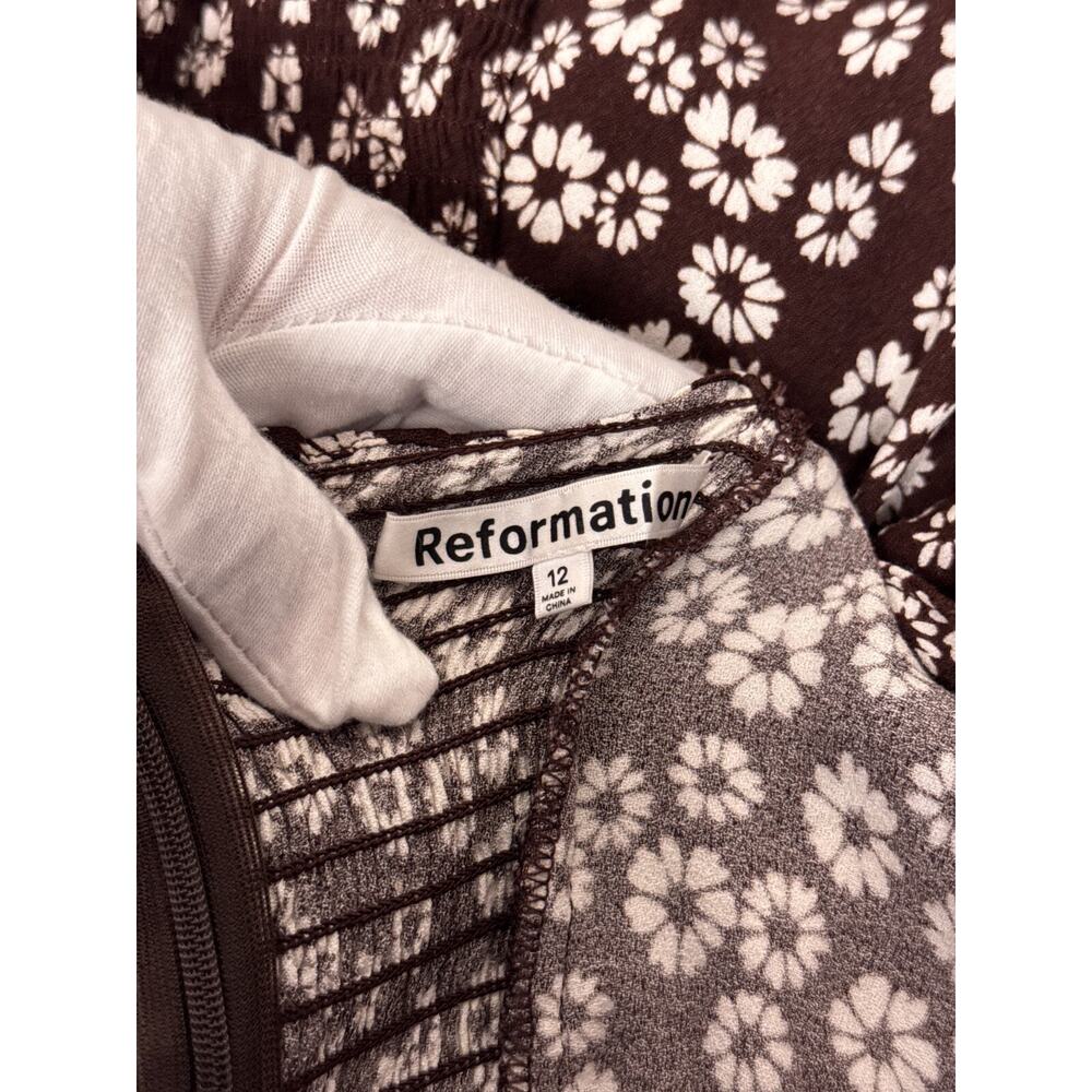 Reformation Dress 12 Womens Chocolate Brown Floral Plunge Smocked Mini - Picture 8 of 9